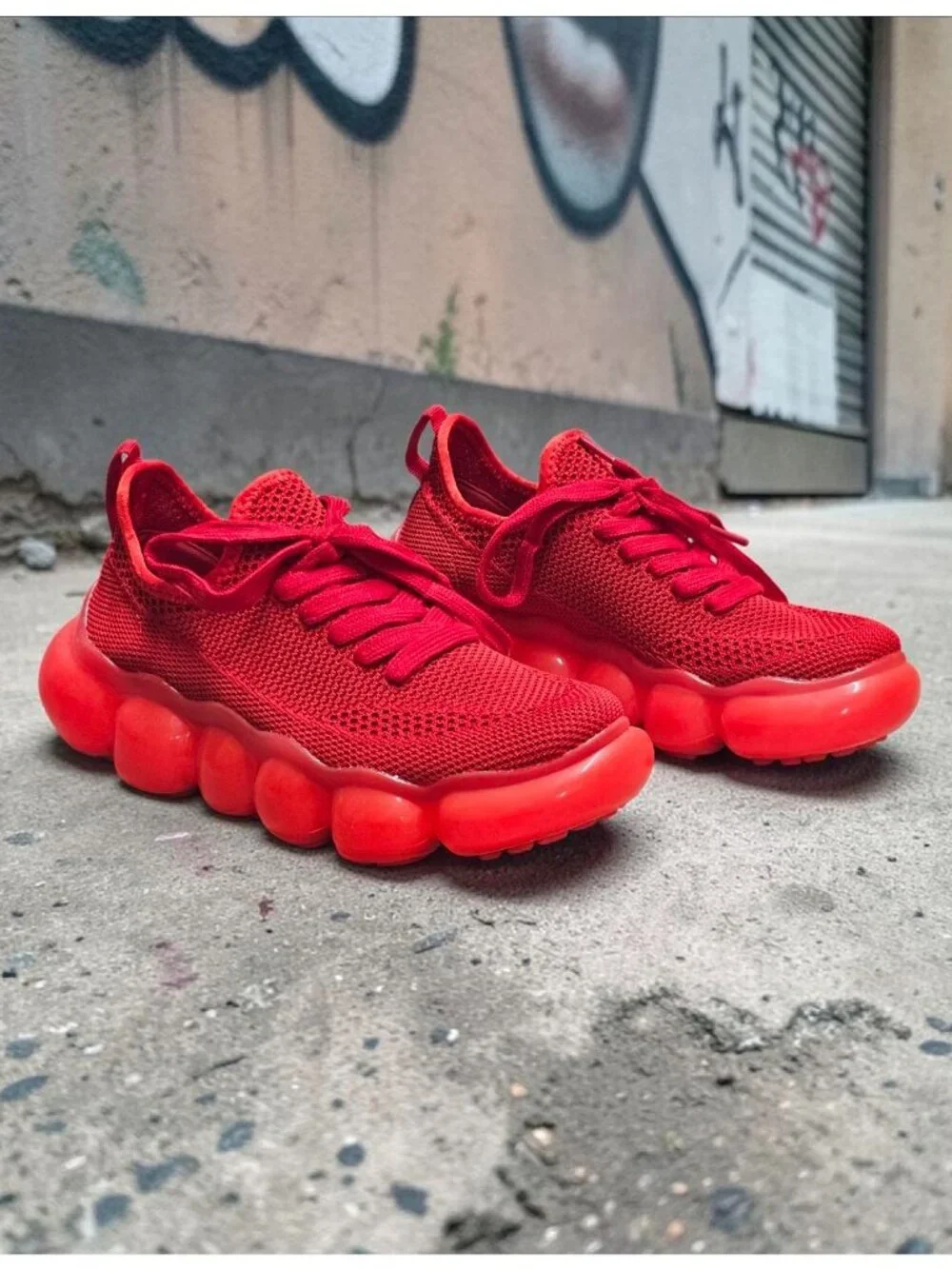Red Mesh Athletic Sneakers With Bubble Sole - Breathable Lightweight Design For